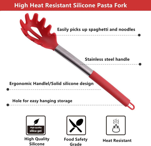 Silicone Pasta Fork,Spaghetti Spoon Kitchen High Heat Resistant Noodle Spoon Server,Food Grade Pasta Spoon with Stainless Steel Handle (Black)...