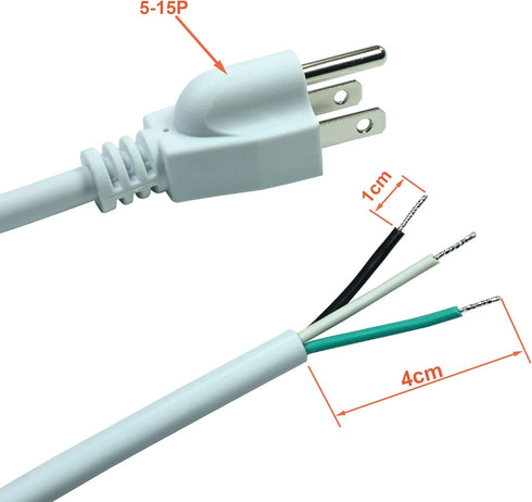 White 18AWG 3-Prong Power Cord with Open Wiring, 10Amp Max, 6ft Replacement Power Cord with Open End, Pigtail Open Cable NEMA 5-15P Male Plug...