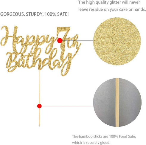 Gold Glitter Happy 7th birthday cake topper, Gold 7 years old birthday party decorations, girl or boy birthday cake toppers...