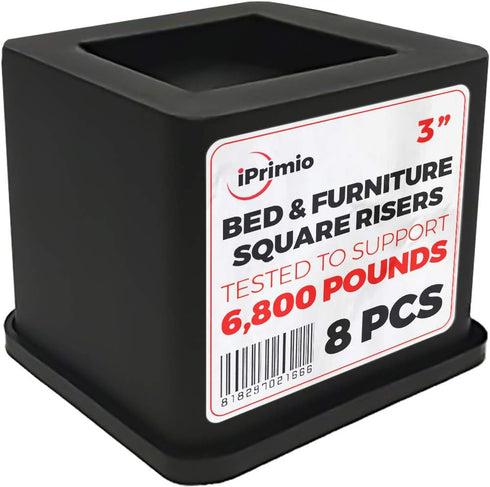 iPrimio Bed Risers - Square, 3 Inch Lift, Heavy Duty, 8 Pack, Up To 6800lbs - Bed Raising Blocks, Furniture Risers - Safe, Sturdy Bed Lifts for Co...