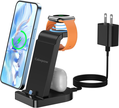 Charging Station for Multiple Devices,Cabepow 3 in 1 Fast Charging Station Dock for iPhone Series 14 Pro Max/13/12/11/X/8 Plus,for Airpods, Wirele...