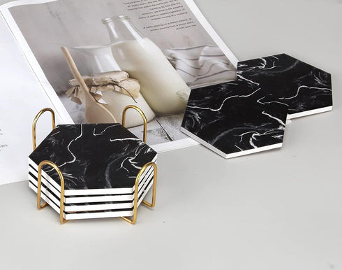 Cool Black Marble Coaster Set with Holder Hexagon Absorbent Coasters Modern Ceramic Coster 6 Pack Best Stone Drink Coaster Beverage Coffee Table D...