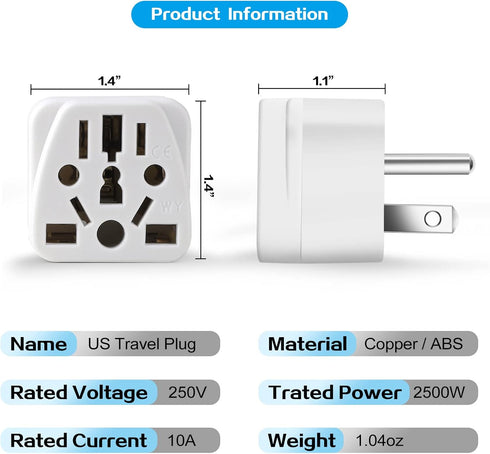2 Pack US Travel Plug Adapter, EU,UK,AU,in,CN,JP,Asia,Italy,Brazil to USA (Type B), 3 Prong Grounded USA Wall Plug Wall Outlet Power Charger Conve...
