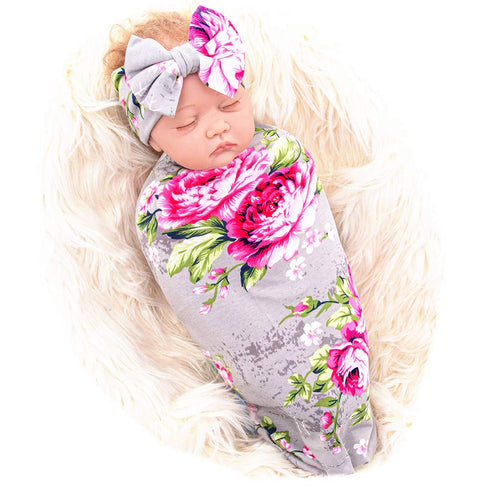 Galabloomer Newborn Receiving Blanket Headband Set Baby Flower Rose Swaddle with Big Bow (Gray)...