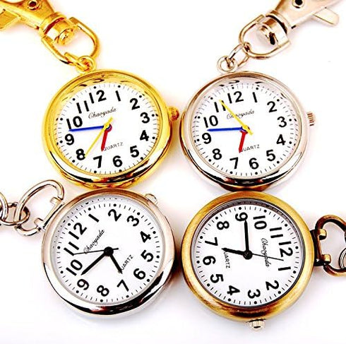 ZIMI 4 PCS Round Analog Women's Men's Nurses Keychain Key Ring Watch Simple Easy to Read time Quartz Unisex Pendant Clock...