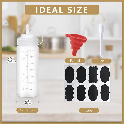 8 Pack 12 oz Plastic Squeeze Squirt Condiment Bottles with Cap Lids - Perfect for Condiments, Oil, Icing, Liquids–Set of 8 with extra 1 Silicone F...