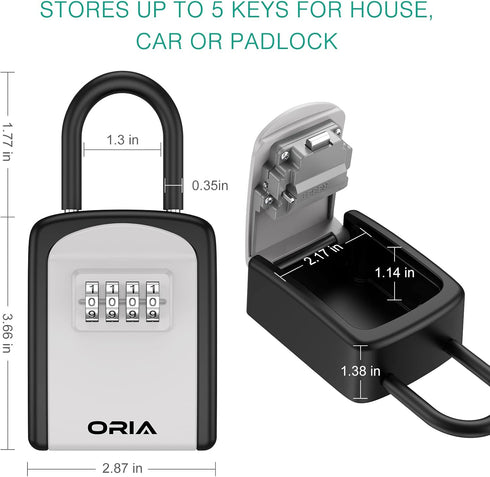 ORIA Key Lock Box, Key Safe Box, 4 Digit Combination Key Storage Lock Box Waterproof, 5 Keys Capacity with Removable Shackle for Indoor Outdoor, S...