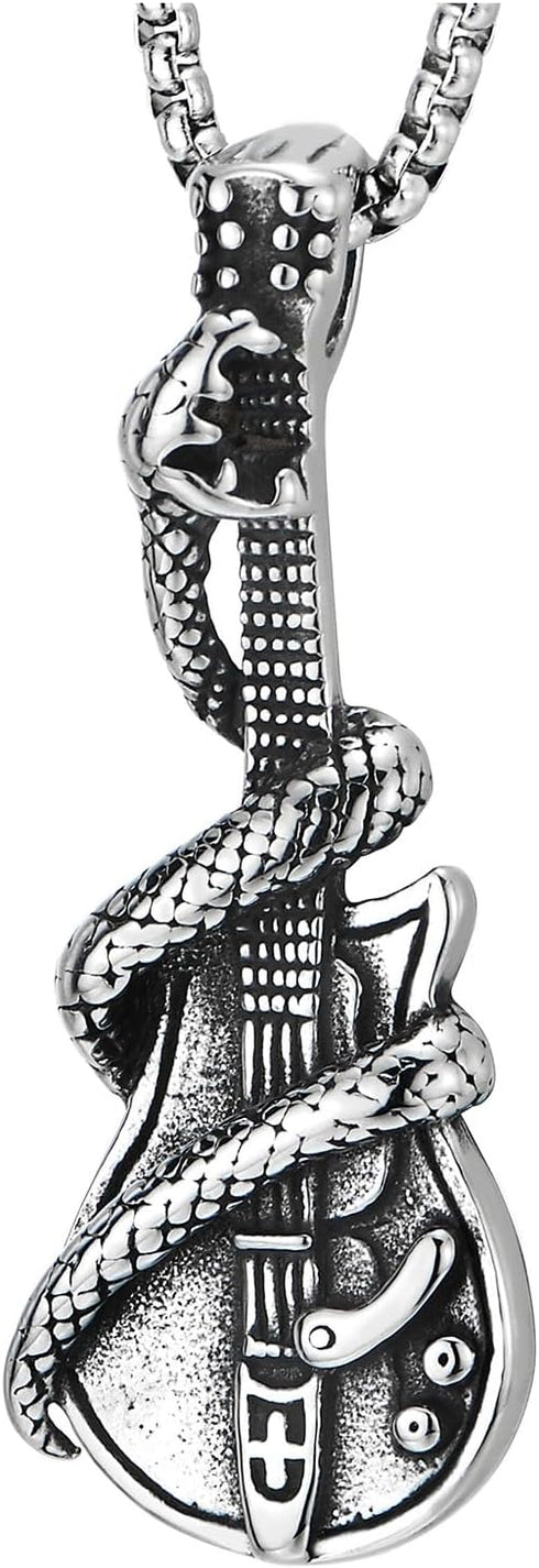 COOLSTEELANDBEYOND Rock Punk Snake Guitar Pendant Necklace for Men Stainless Steel with 30 inches Wheat Chain...
