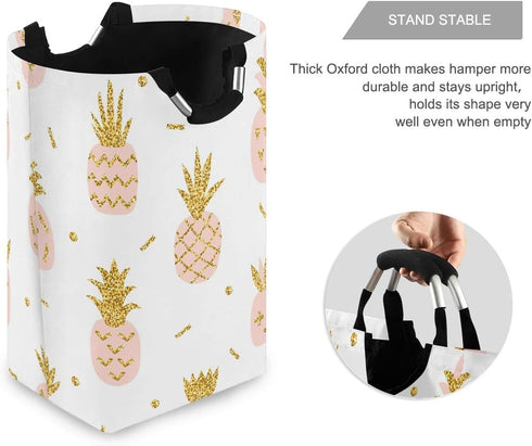 senya Pink Pineapple with Gold Glitter Large Storage Basket with Handles Collapsible Organizer Bin Laundry Hamper for Nursery Clothes Toys...
