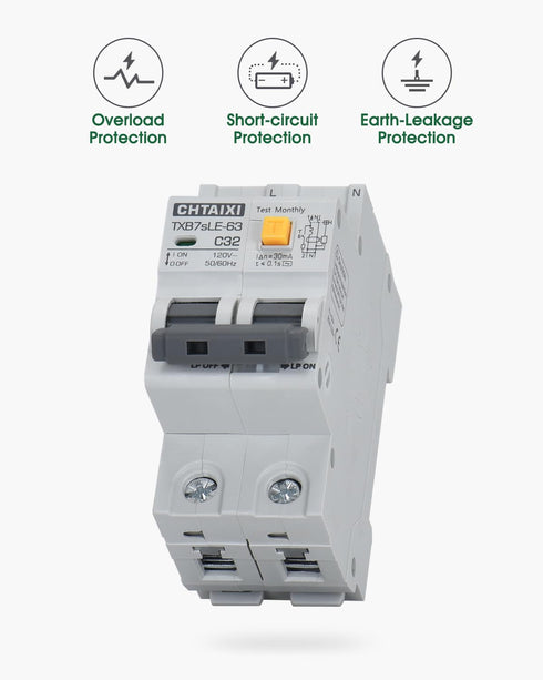 Ground Fault Circuit Breaker, 10 Amp 120V AC DIN Rail Mount Residual Current Circuit Breaker, Thermal-Magnetic Trip, Earth-leakage Protection Circ...