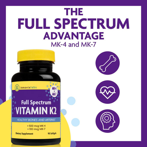 InnovixLabs Full Spectrum Vitamin K2 MK-7-90 Capsules - Vit K2 Vitamin Supplement with Trans Form MK7 & MK4-600 mcg - Supports General Health & Bo...
