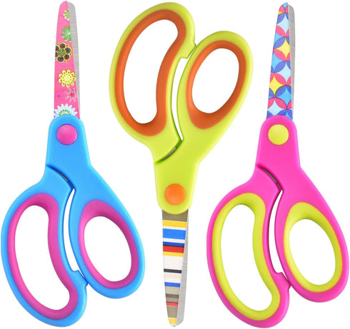 Kids Scissors Set of 3 pack, Safety Children Scissors, Small Craft Scissors with Blunt-Tip Floral Print Blade and Soft Grip, Great for DIY, Arts, ...