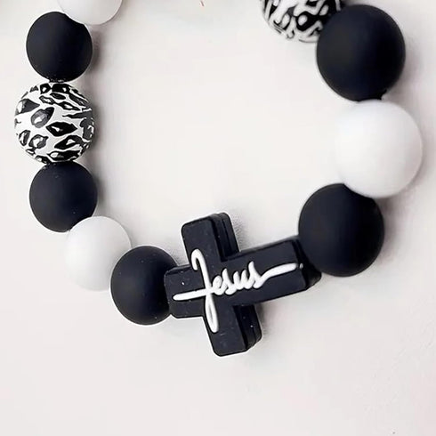 Wristlet Bracelet Keychain for Women,Silicone/Wood Cross Leopard Beaded Bracelet with PU Tassel,Clip Key Holder...