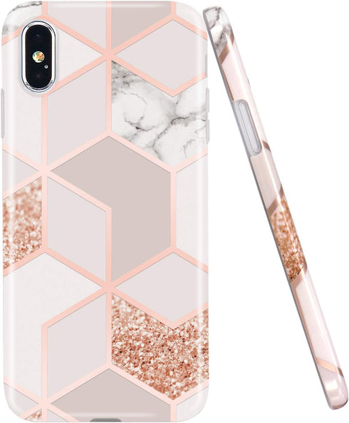JAHOLAN Compatible iPhone Xs Max Case Bling Glitter Sparkle Rose Gold Marble Design Clear Bumper TPU Soft Rubber Silicone Cover Phone Case for iPh...