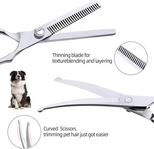 Multifunctional 7 in 1 Dog Grooming Scissors with Safety Round Tip, Stainless Steel Grooming Kit with Titanium Coating for Dogs and Cats at Home...