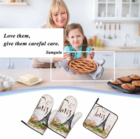 Paris Oven Mitts and Pot Holders Sets Eiffel Tower Pink Romantic City Heat Resistant 3pcs for Cooking Baking BBQ...