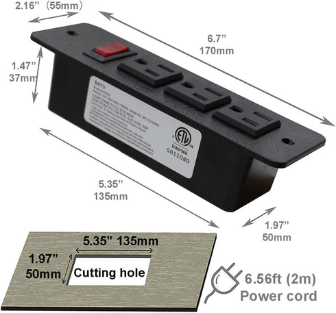 Recessed Power Strip Countertop Power Grommet Desk Mountable Power Strip Behind Drawer Outlets for Cabinet Sofa Shelf UL/ETL Certificated Black...