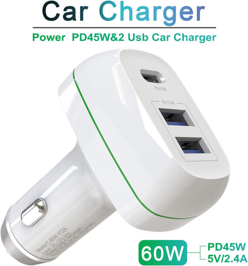 Car Charger, 60W Mini Size with Triple Port USB-C 45W & 2×USB-A12W, Compatible with iPhone 12/XR/Xs/Max/X/8/7/Plus, iPad Pro/Air 2/Mini, Galaxy, A...