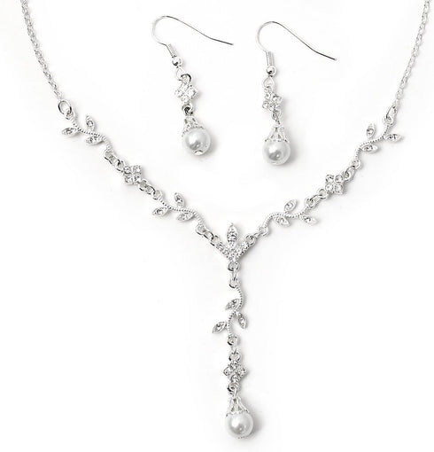 Silver Crystal Rhinestone Small V Flower Branch Shape with Pearl Necklace & Matching Dangle Pearl Hook Earrings Jewelry Set...