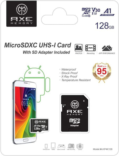 AXE MEMORY 128GB Micro SD Card 4K Ultra Full HD Video High Speed MicroSDXC Up to 95MB/S A1 V30 UHS-I U3, with SD Adapter...