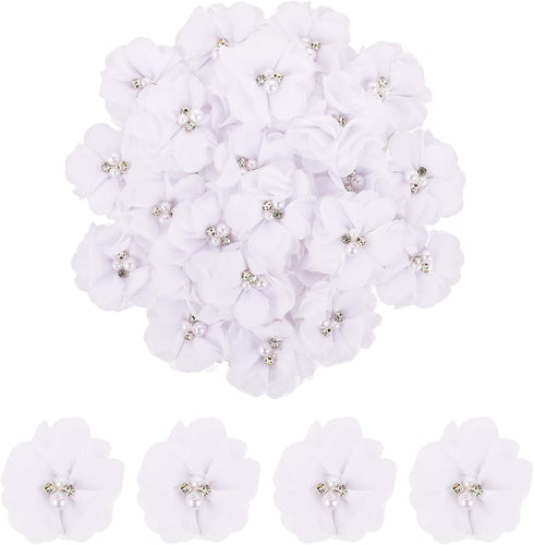 30 PCS Flower Appliques, Rhinestone Flowers for Graduation Cap Chiffon Fbric Pearl Craft Chiffon Supplies Lace Sewing Fabric Appliques for Clothin...