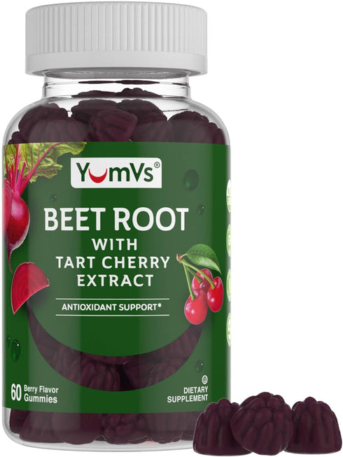 YumVs Beet Root Gummies with Tart Cherry Extract - Berry Flavor Beetroot Gummies - Beet Chews for Blood Circulation and Antioxidant Support - Red ...