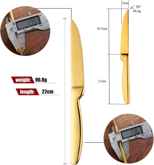 Steak Knife Set, 4-Piece Serrated Steak Cutlery Steak Knife, Gold Stainless Steel Steak Cutlery Knife for Home, Restaurant, Hotel, 22cm...