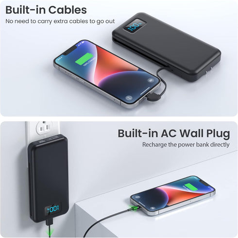 Portable Charger with Built-in Cables & AC Wall Plug,Ultra Slim 13800mAh USB-C Power Bank, 4 Output LCD Display External Battery Pack Phone Charge...