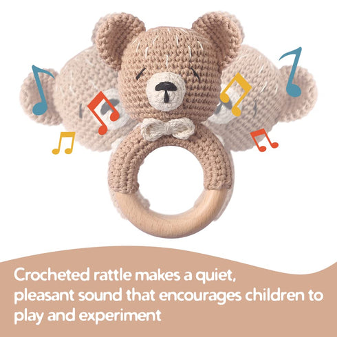 Wooden Baby Rattle Toddler Lovely Crochet Kahki Bear Ring Rattle, Newborn Animal Rattle Toys, Baby Toys for Baby and Infant Baby Soothing Toy...