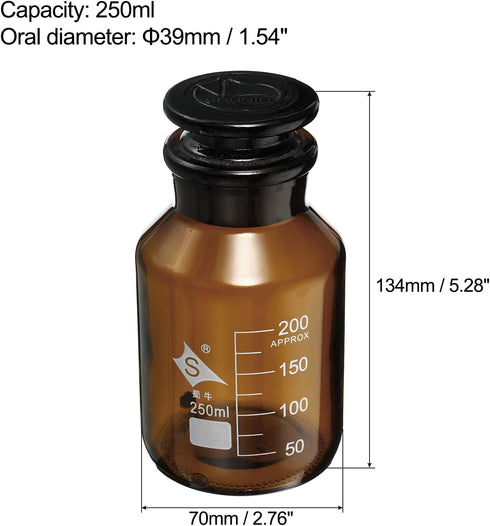 PATIKIL 250mL Reagent Media Bottle, 1Pcs Round 3.3 Borosilicate Glass Graduated Storage Bottle with Amber Cap for Chemistry Lab Universities Home,...
