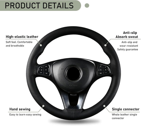 1 PC Car Steering Wheel Cover with 2 PCS Sewing Tool, 14.9In Durable Waterproof Leather Steering Wheel Protector, Universal Breathable Elastic Ste...