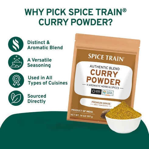 SPICE TRAIN, Curry Powder (14oz) Mild Indian Curry Powder | Lab Tested for Purity, Non-GMO | Packed in Resealable Ziplock Pouch...