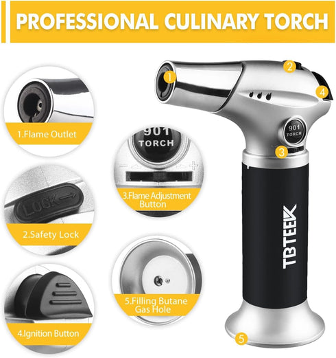 TBTEEK Butane Torch, Kitchen Torch Cooking Torch with Safety Lock & Adjustable Flame for Cooking, BBQ, Baking, Brulee, Creme, DIY Soldering(Butane...