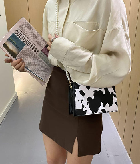 Cow Print Clutches Pearl Strap Evening Purse Mini Handbag Crossbody Bag...