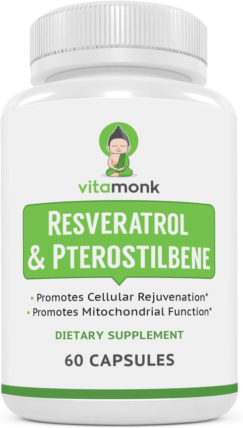 VitaMonk Resveratrol with Pterostilbene 600mg/60mg - No Artificial Fillers Healthy Aging and Longevity Supplement - 60 Capsules - Precise Formula ...