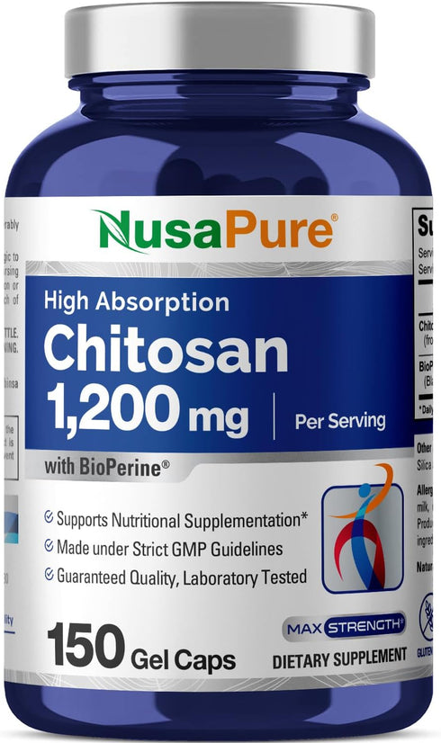 NusaPure Chitosan 1200mg 150 Caps (Non-GMO & Soyfree) with Bioperine...