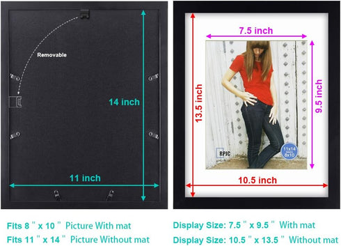 RPJC 11 x 14 Picture Frames Made of Solid Wood and High Definition Glass Display Pictures 8x10 with Mat or 11x14 Without Mat for Wall Mounting Pho...