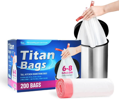TPPlastic 8 Gallon Trash Bags Drawstring, Unscented, 200 Count - Small Trash Can Bags, 7-8 Gallon Garbage Bags for Kitchen...