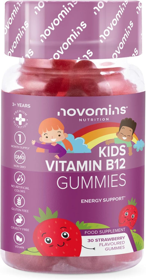 Novomins Kids Vitamin B12 Gummies - Energy & Metabolism Support Supplement - 30 Chewable Childrens B Complex Supplements – Vegan, Non-GMO - Enrich...