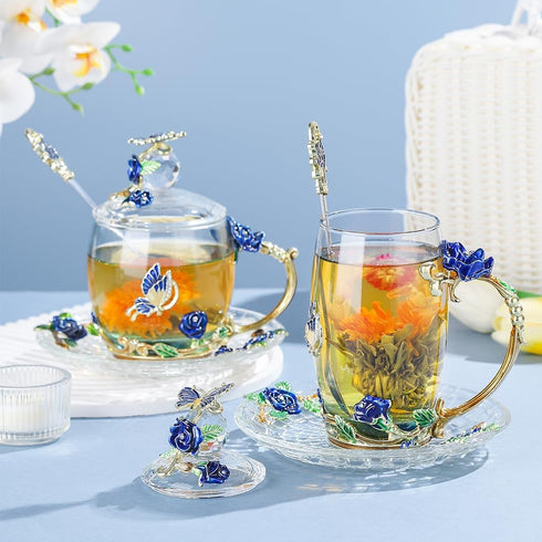 Glass Coffee Mug Birthday Christmas Gift for Women Mom Sister Girlfriend Coworker Flower Butterfly Tea Cup Antique Coffee Mug with Lid Spoon Sauce...