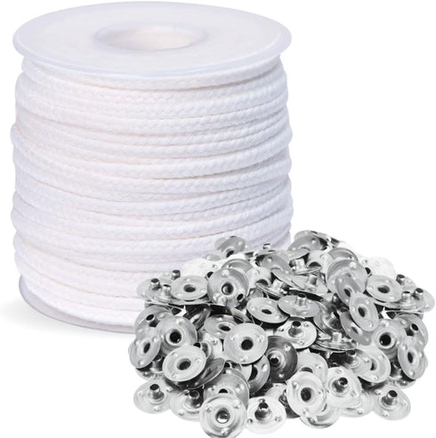 101PCS Candle DIY Tools Set — 200FT Candle Wick Roll and 100PCS Metal Tabs for Candle Making Supplies Candle Wick Spool White Woven Candle Wicks f...