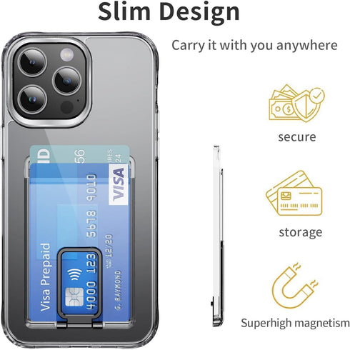 for MagSafe Card Holder, Magnetic Phone Wallet for iPhone 15/14/13/12 Series or All Magnetic Phone Case, with Metal Stand, Crystal Clear Not-Yello...