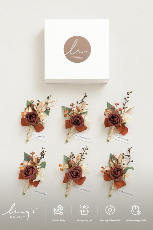 Ling's Moment Boutonniere for Men, 6pcs Groom Groomsmen Boutonniere, Artificial Flowers for Wedding Decor/Prom/Homecoming, etc.Terracotta Orange...