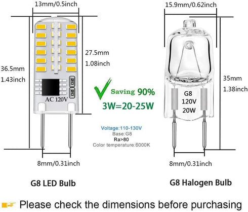 Dimmable G8 LED Bulbs Daylight White 6000K 3W Equivalent to T4 Bi-Pin Base 120V 20W-25W Halogen Bulbs for Under Cabinet Light, Under Counter Kitch...