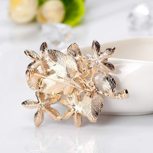Womens Flower Green Leaf Rhinestone Brooch Pin...