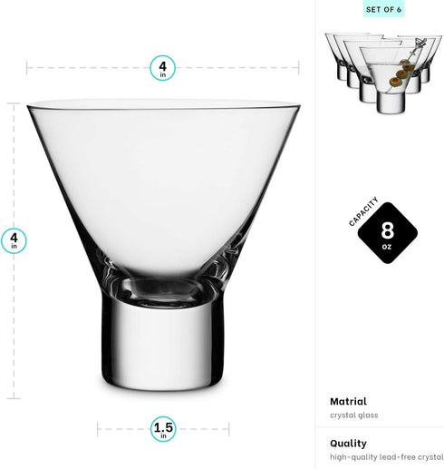 MITBAK Martini Glasses, Set of 6 Stemless Martini Glass, 8 OZ With Stylish Base, Elegant Cocktail Glasses Great for Martini, Cocktail, Manhattan, ...
