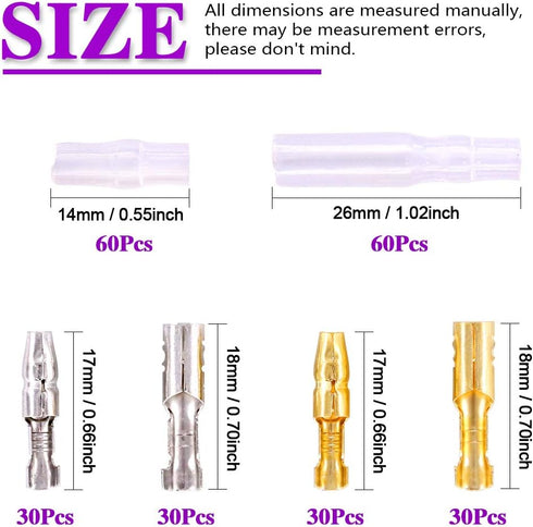 Swpeet 240Pcs Bullet Connectors Kit, 3.9mm Brass Bullet Male & Female Wire Terminals Connector with Insulation Cover for Motorcycle Scooter Car Tr...