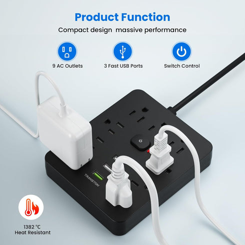 Power Strip Surge Protector with 9 Outlet 3 USB Ports, Fireproof Desktop Charging Station with Flat Plug Wall Mount 5 ft Long Extension Cords for ...