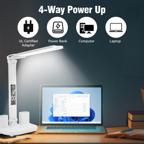 LED Desk Lamp Light with 2 Pen Holders, Time, Date, Temperature Display, Dimmable, 3 Color Modes, Touch Control, Foldable,Eye-Caring Table Lamp fo...
