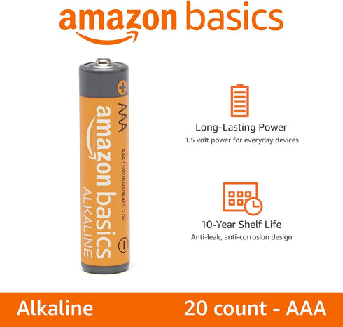 Amazon Basics AAA Alkaline High-Performance Batteries, 1.5 Volt, 10-Year Shelf Life, 20 count...